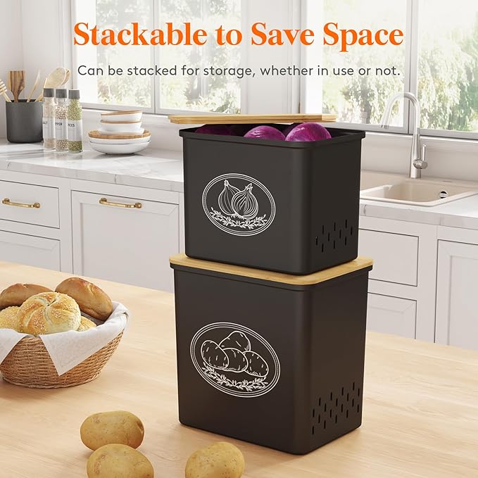 Lifewit Plastic Potato and Onion Storage Bin, Stackable Garlic Keeper with Aerating Holes and Lid, Vegetable Container Box for Pantry Countertop, Black, 24 x 18 x 24 cm/9.5 x 7 x 9.5 inch, Set of 2