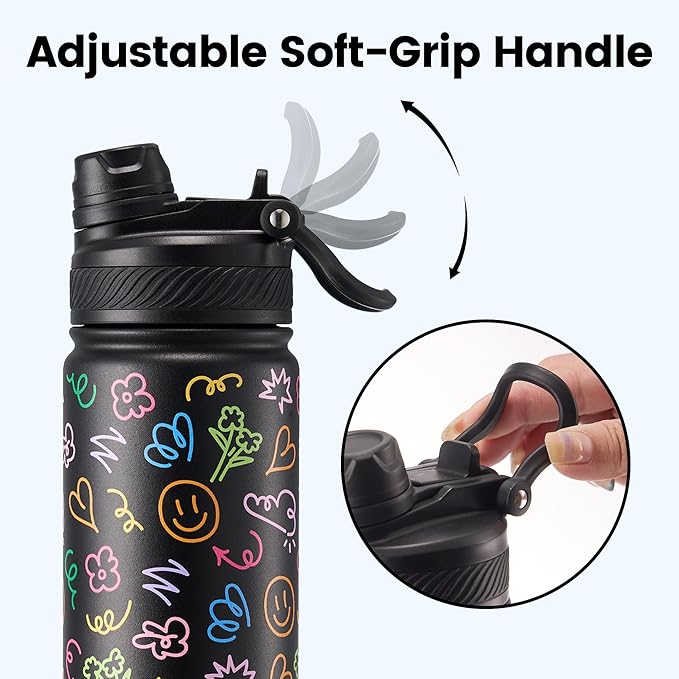 Fijinhom 24 oz Insulated Water Bottle, 2-in-1 Straw and Spout Lid Stainless Steel Thermos, Leak-Proof, Double Wall Vacuum Flask, Keep Cold 24H for Outdoor, Sports, Travel, School (Graffiti)