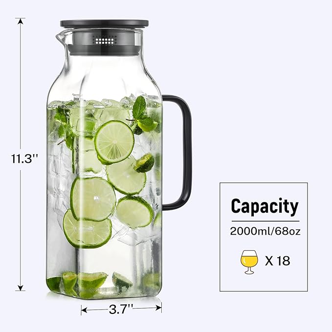 2 Quart (2 Liter 68 oz) Square Glass Pitcher with Lid and Spout, Water Pitchers with Handle for Fridge, Borosilicate Glass Carafe for Hot/Cold Drink, Large Jug for Iced Tea, Coffee, Beverage, Black