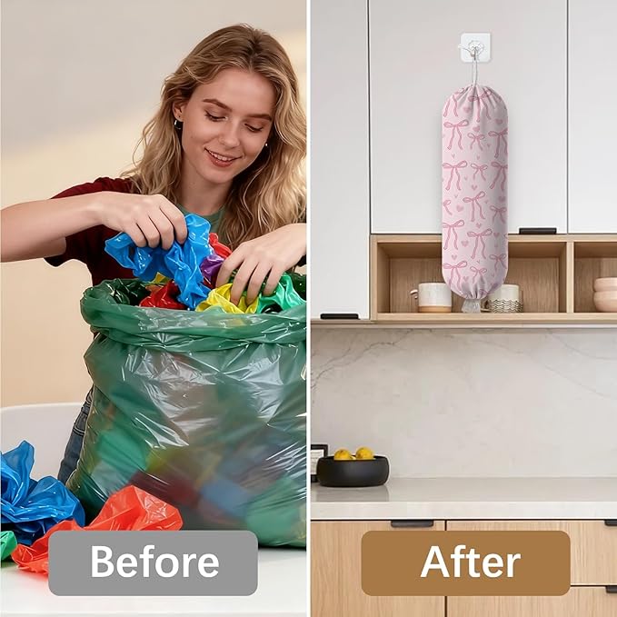 Pink Bow Plastic Bag Holder Dispenser, Plastic Grocery Bag Organizer & Wall Mount Paper Trash Bags Saver Storage for Kitchen Home Pantry Decor, Pink Bow Kitchen Decor Shopping Bags Storage Dispenser