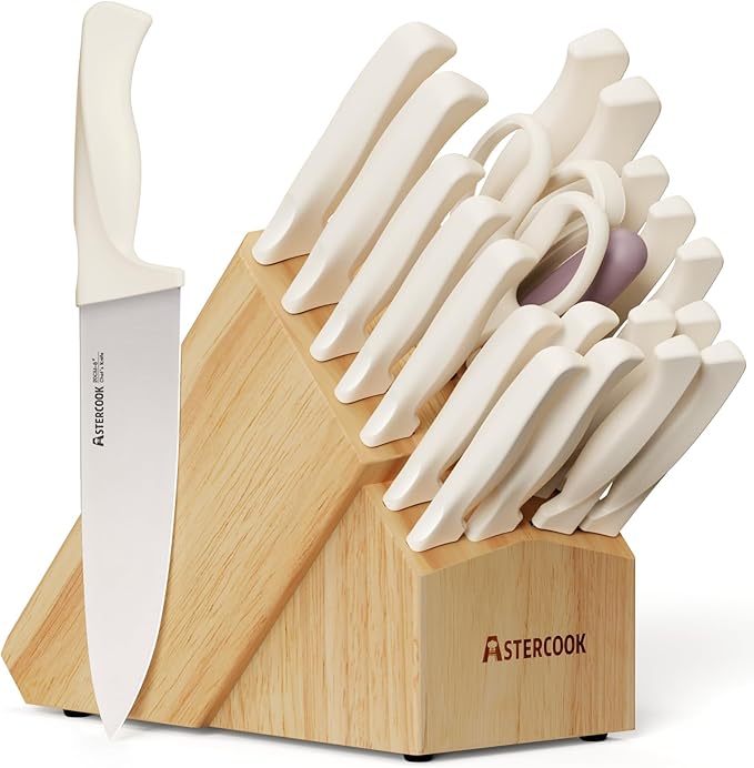 Knife Set, Astercook 22-Piece Kitchen Knife Set with Built-in Sharpener Block, High Carbon Stainless Steel Knives, Dishwasher Safe, Non-Slip Handle, Elegant Cream White Design, Perfect Holiday Gifts