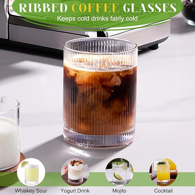 LUNA & MANTHA Drinking Water Glasses Set, Lead-Free Crystal Highball Glass, Tall Glass Cups for Cocktail Parties,ribbed set of 8,17oz&12oz