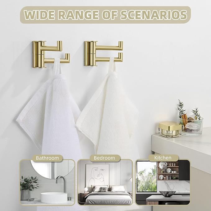 Angle Simple Swivel Hooks for Bathroom, SUS304 Stainless Steel 2 Arms Bath Towel Robe Hook Wall Mount, 2 Pack, Brushed Gold