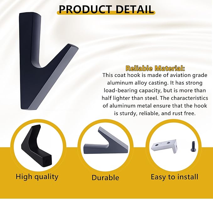 4 Pcs Aluminum Coat Hooks Matte Black, Industrial Strength Wall Mount Hooks for Hanging Coats, Hats, Bags, Towels, Rustproof Bathroom & Kitchen Hardware for Home Organization