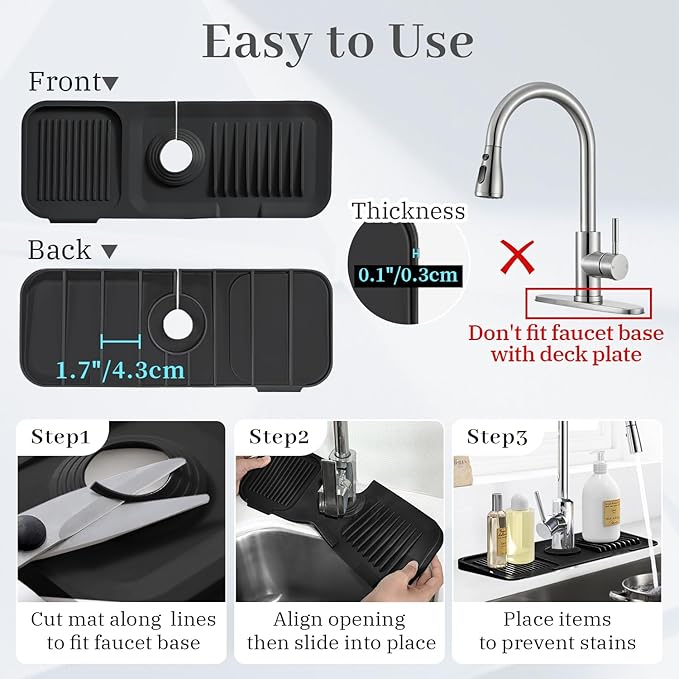 PoYang 14.6 Inch Faucet Mat for Kitchen Sink Splash Guard Behind Faucet, Sink Protectors for Kitchen Sink Faucet Mat Splash Guard for Kitchen Sink Area, Short Silicone Faucet Guard Draining Mat, Black