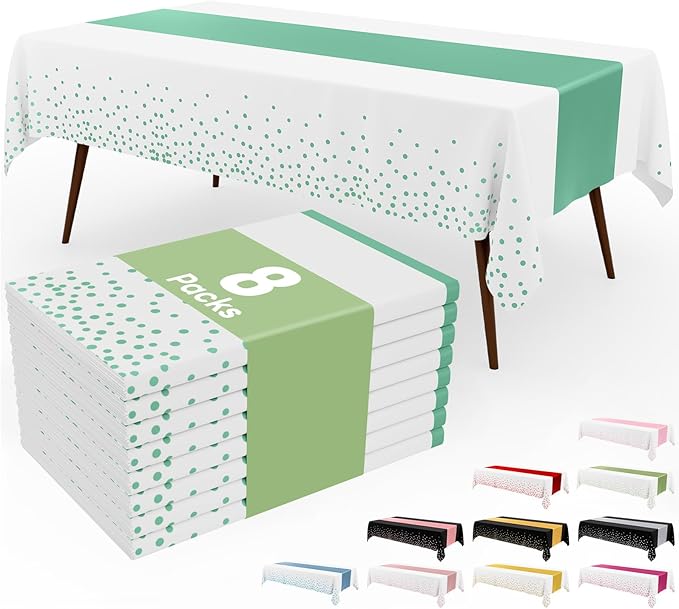 Smiry Plastic Table Cloth Disposable 8 Pack, 54 x 108 Inch Rectangle Waterproof Tablecloth, Printed Gold Table Runner Style for Birthday Weeding, Party Decorations, Leakproof & Sturdy, White and Teal