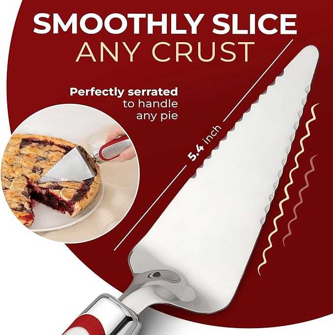 Orblue Pie Server, Essential Kitchen Tool, Serrated on Both Sides, Great for Right or Left Handed Chef, Stainless Steel Flatware, Cake Cutter, Red