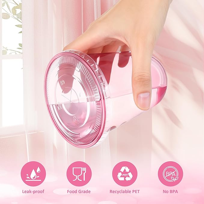 tchrules 100 Set 16oz Plastic Cups with Lids & Straws, Disposable Pink Clear Iced Coffee Cup with Lid, Round Bottom Plastic To Go Cups for Cold Drinks Slushie Smoothie Valentine Holiday Party Supplies