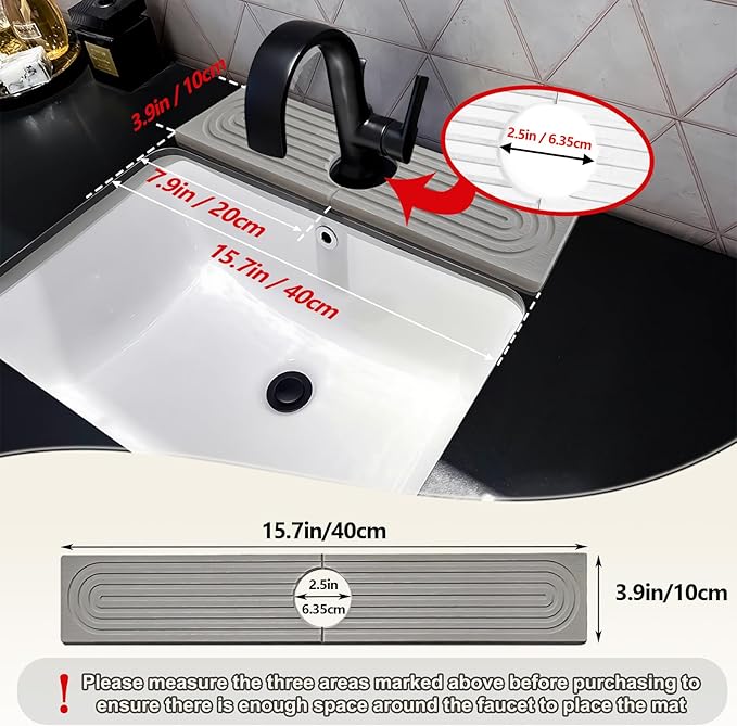 Kitchen Faucet Absorbent Mat, 15.7" Long Stone Faucet Mat For Kitchen Sink, Kitchen Sink Splash Guard Stone, Super Absorbent, Diatomite Kitchen Faucet Mat For Bathroom Counter (Light Gray)