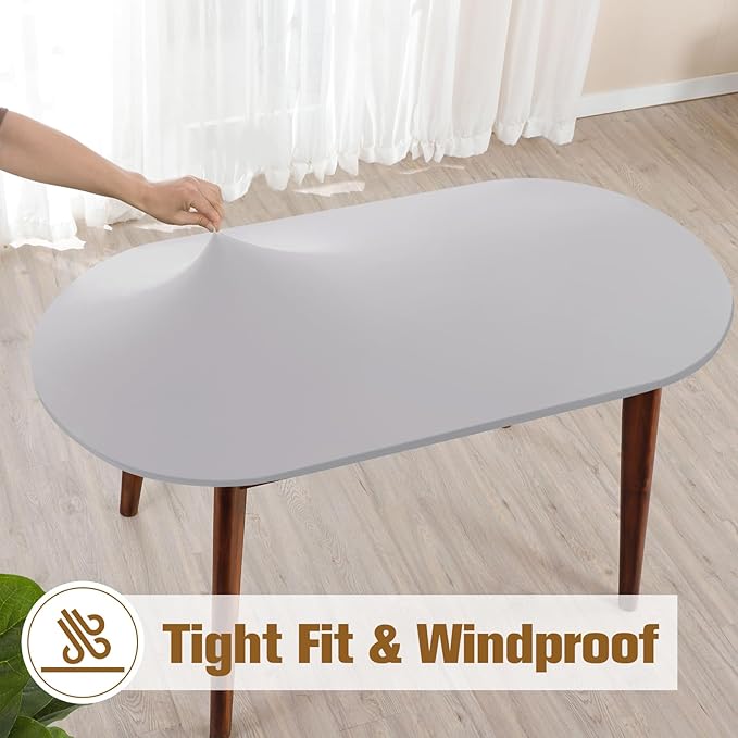 NEWISHER Fitted Oval Tablecloth 48 x 68 Inch Elastic Table Cloth, Stretch Spandex Table Cover Silver Washable Polyester Top Cap Cover for Dining Picnic Camping Indoor and Outdoor