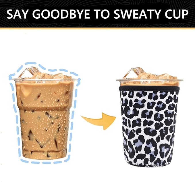 YR Reusable Neoprene Insulator Sleeve for Iced Coffee Cups, 3 Pack Coffee Coolies sleeves for Iced & Hot Drinks, Cold Beverage Cooler Compatible with Starbucks Coffee and More (Snow Leopard)