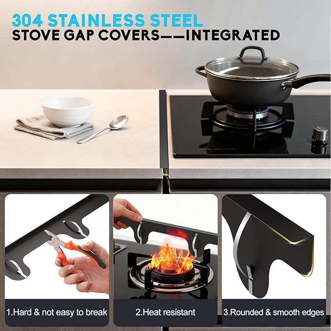 Stove Gap Covers - 304 Stainless Steel Oven Side Gap Filler, 2 Pack Stove Gap Filler - Length 23.4" Width 0.79", Spring Clip Design Fitting Gap Strong Guard Between Stove Top & Counter - Black