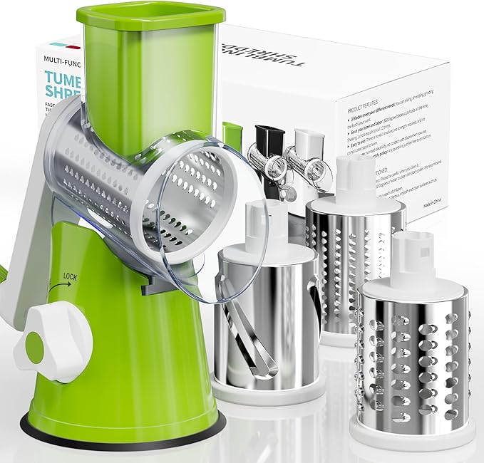 Rotary Cheese Grater Hand Crank, 3 Blades Slicer Shredder, Cheese Grater for Kitchen, Multi-Functional Kitchen Tool for Vegetables, Nuts, Chocolate, with Strong Suction Base, Green