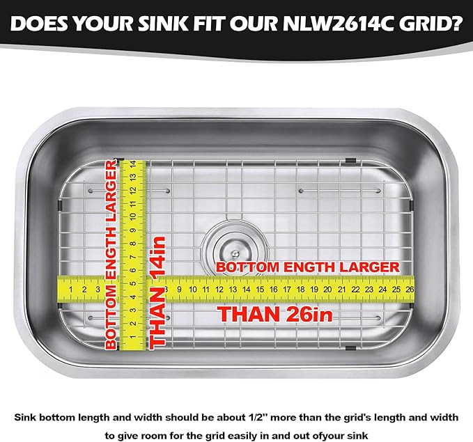 Sink Protector Grid 26-1/16" x 14-1/16", Centered Drain with Corner Radius 3-1/2", 304 Stainless Steel Material Centered Drain