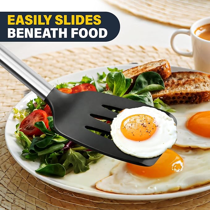 2 Pack Silicone Spatula Set, Solid & Slotted Turner for Non-Stick Pans, High Heat Resistant Silicone Spatula for Cooking, BPA-Free Stainless Steel Cooking Utensils for Fish, Eggs, Pancakes, Black