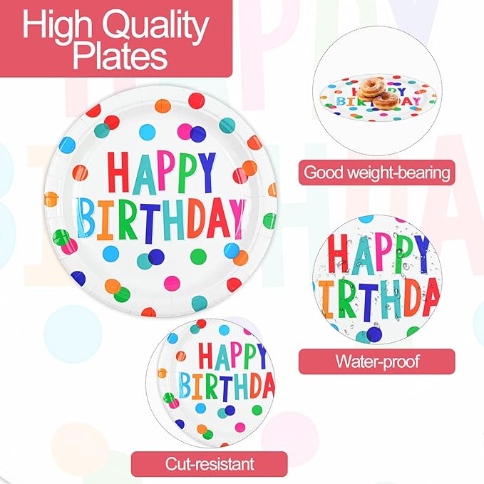 50PCS Birthday Plates and Napkins Party Decorations, 7inch Colorful Dots Happy Birthday Dessert Plates Cake Plate Disposable Paper Tableware Dinnerware Set for Birthday's Party Supplies