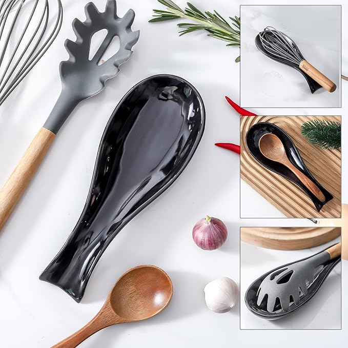Ceramic Spoon Rest for Stove Top,Large 8.7 Inch Spoon Holder for Kitchen Counter,Porcelain Utensil Rest for Thankgiving and Christmas Gift,Dishwasher Safe and Heat-Resistant,Black(1 PC)