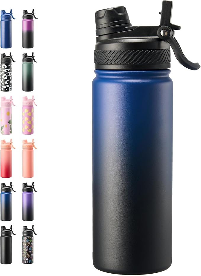 Fijinhom 18 oz Insulated Water Bottle, 2-in-1 Straw and Spout Lid Stainless Steel Thermos, Leak-Proof, Double Wall Vacuum Flask, Keep Cold 24H for Outdoor, Sports, Travel, School (Blue&Black)