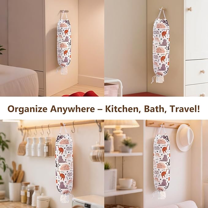 Cat Grocery Plastic Bag Holder and Dispenser,Supermarket Bags Organizer,Storage Shopping Holders Wall Carrier Cute Cats Home Kitchen Decor Mount Easy,for Door Cabinet Drawer Hanging Keep Groceries
