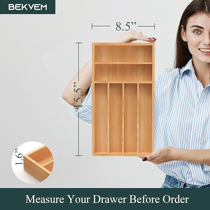 Silverware Organizer, Bamboo Kitchen Drawer Organizer, Utensil Holder, Cutlery Tray & Spoon Flatware Storage with Grooved Drawer Dividers (8.5''W x 15.5''D)