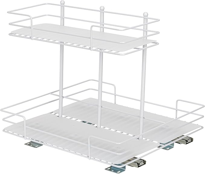 Household Essentials Glidez Paint-Finished Steel Pull-Out/Slide-Out Storage Organizer with Plastic Liners for Under Sink or Cabinet Use- 2 -Tier Design - Fits Standard Size Cabinet or Shelf, White