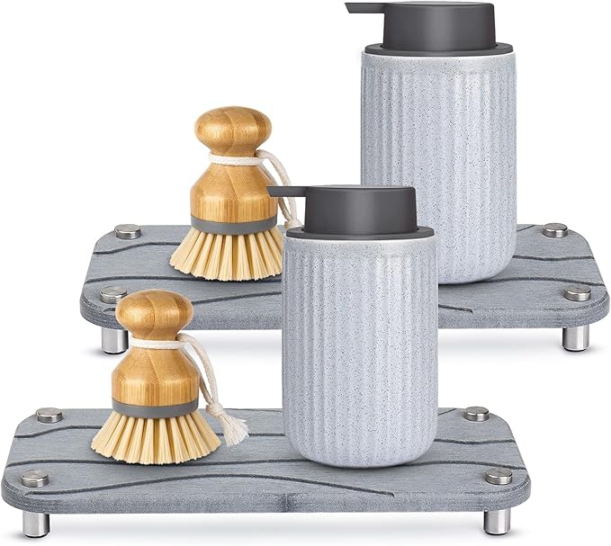 Foleto Home Sink Caddy 2pcs Dries Instantly Kitchen Sink Organizer Sponge Decor Riser with Stainless Steel Feet Modern Diatomaceous Earth Sink Tray for Soap Water Bottles