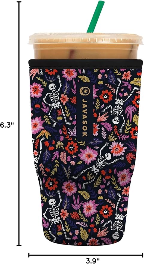 Sok It JavaSok Iced Coffee & Cold Soda Insulated Neoprene Cup Sleeve (Floral Skeleton, Large: 30-32oz)