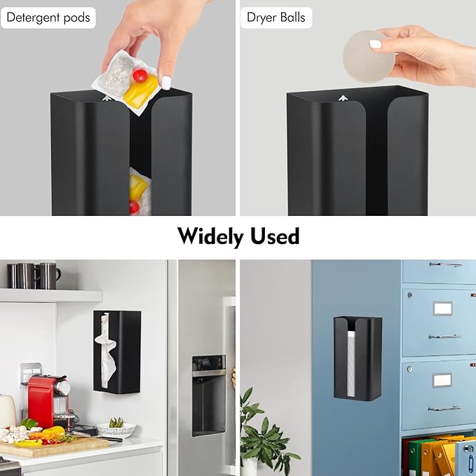 Magnetic Laundry Dryer Sheet Dispenser, Tissue Holder, Garbage Bag Dispenser for Fridge, Kitchen, Laundry (Black)