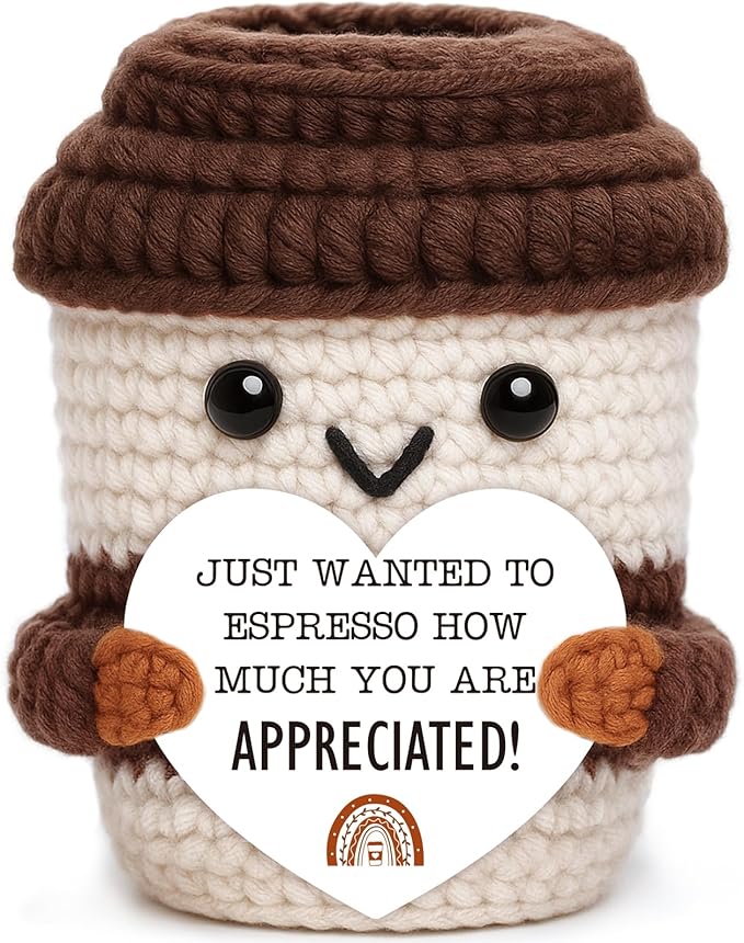 OCCdesign Mini Appreciation Gift for Women Men Coworkers Teachers Boss Nurses Handmade Crochet Coffee Cup Thank You Gift for Friends Roommates Staff Employees Volunteers Birthday Office Desk Decor