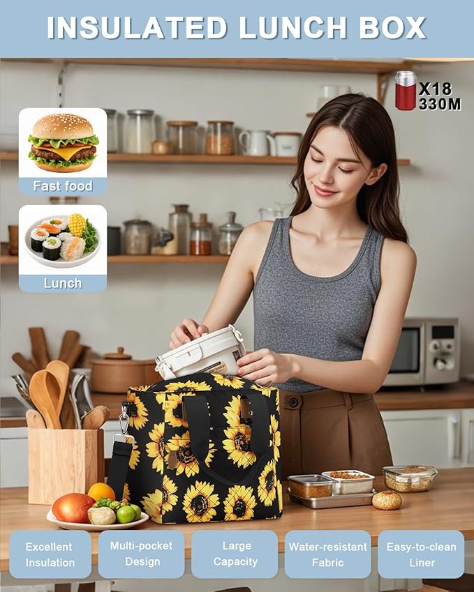 Insulated Lunch Box for Women & Men - Large Thermal Lunch Bag Women with Removable Shoulder Strap, Reusable Lunch Cooler Tote Bags Purse for Adults Work, Picnic, Hiking, Beach, Travel, M-Sunflower