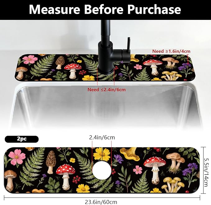 2 Pcs Kitchen Sink Splash Guard Faucet Mats Colorful Mushrooms and Flowers Pattern Faucet Mat for Sinks Leaves Absorbing Drying Mat for Kitchen Bathroom, 23.6x5.5inch