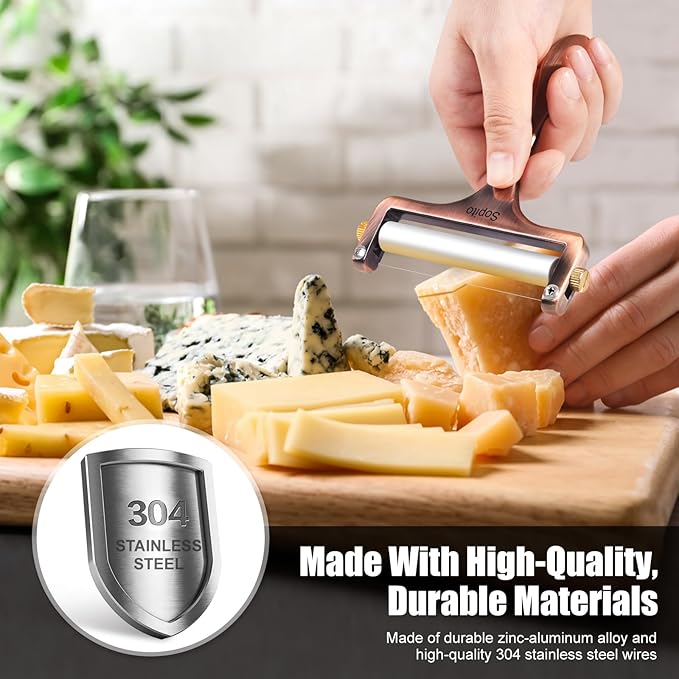 Sopito Cheese Slicer Stainless Steel With 3 Extra Wires Great for Cheddar, Gruyere, Raclette, Mozzarella Cheese Block, Adjustable Thickness, Copper