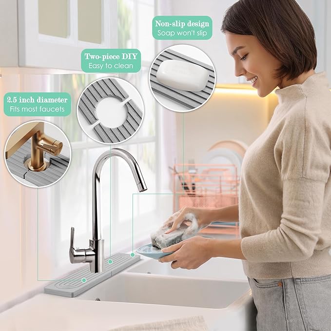 15.7 Inch Long Stone Faucet Mat for Kitchen Sink-Diatomite Quick Dry Kitchen Sink Splash Guard,Super Absorbent, Stone Quick Dry Around Faucet (Light Grey)