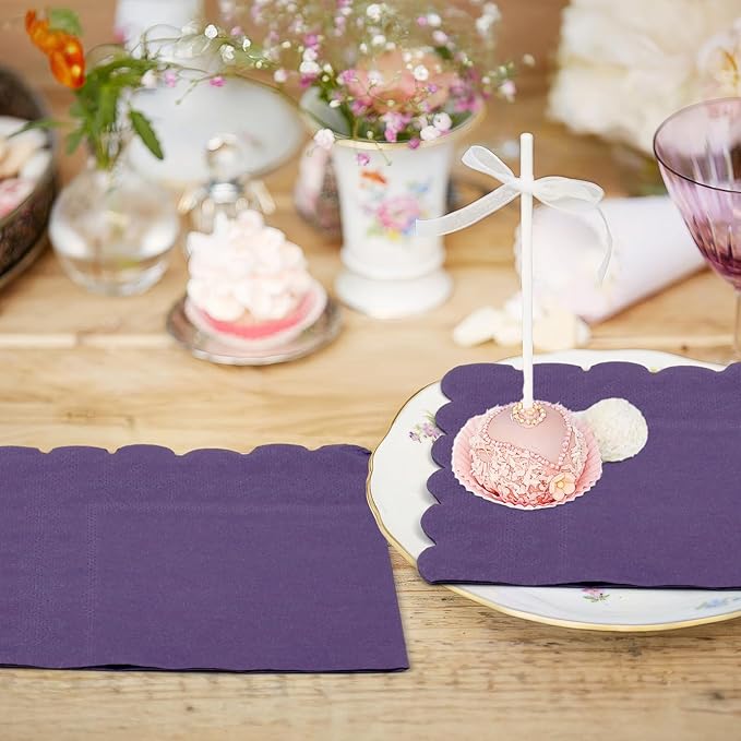 100 Pcs Cocktail Napkins, 2-Ply 5 x 5 Inches Disposable Scalloped Napkins, Thick Premium Dessert Napkins for Party, Wedding, Dinner, Birthday, Anniversary, Festival (Purple)