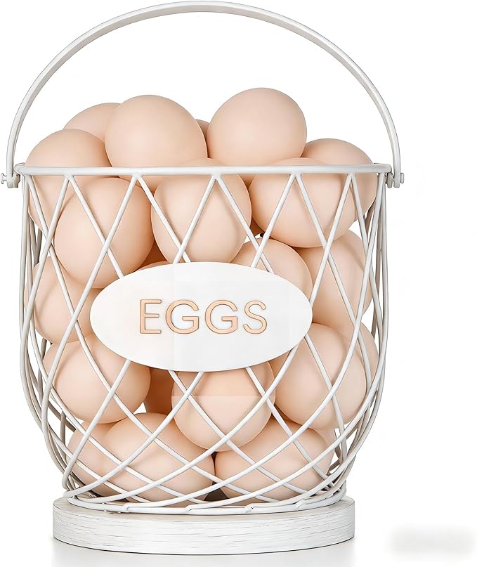 Chicken Egg Basket for Gathering Fresh Eggs with Metal Handle, Wire Egg Collecting Basket with Wooden Base, Round Egg Holder Countertop, Vintage Rustic Farmhouse Kitchen Decor Fruit Storage,White