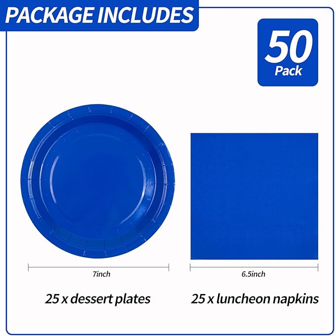 50PCS Blue Paper Plates and Napkins Party Supplies, 7Inch Blue Party Dessert Plates Disposable Tableware Set for Wedding Birthday Bridal Shower Baby Shower Decorations