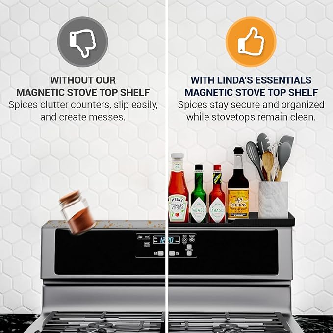 Silicone Magnetic Over the Stove Shelf for Back of Stove - Magnetic Stove Top Shelf and Over Stove Shelf, Over Oven Shelf for Top of Stove, Over the Stove Spice Rack, Includes 6 Extra Plates (Black)