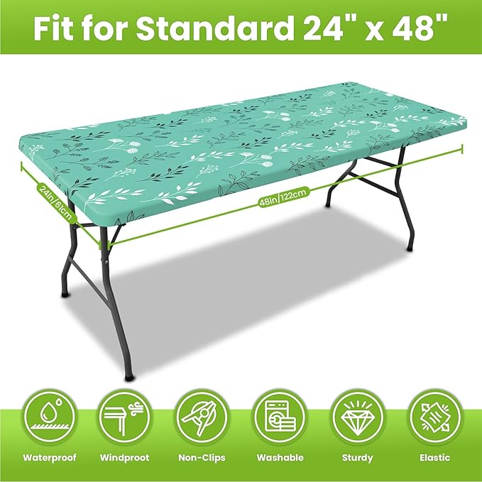 Smiry Spandex Fitted Tablecloth for 4 Foot Rectangle Tables, Washable Picnic Table Cover with Elastic, Stretch Reusable Table Cloth for Outdoor, Camping, Dining & Kitchen (Sage Green Leaf, 24"x48")