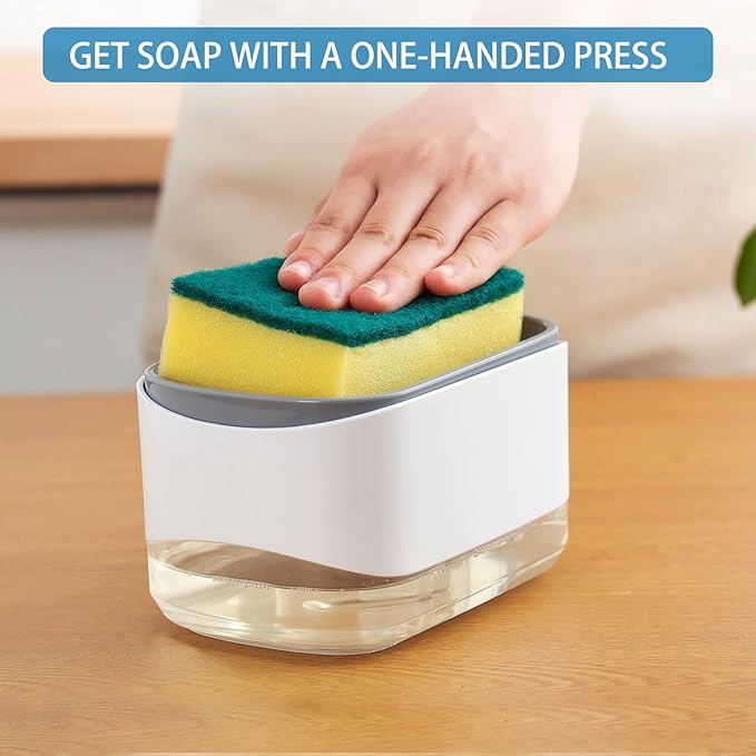 RUFCRIL Soap Pump Dispenser and Sponge Holder, 12oz / 350ml Dish Soap Dispenser for Kitchen,White