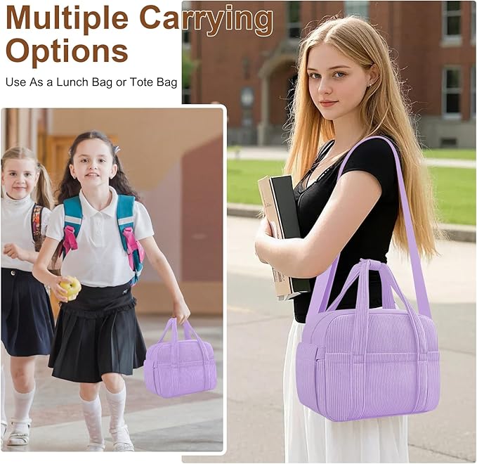 KUBYA Corduroy Lunch Box Lunch Bag for Women Men, Cute Strawberry Small Insulated Reusable Work Leakproof Simple Lunch Boxes Tote Bag Adults Cooler Bag