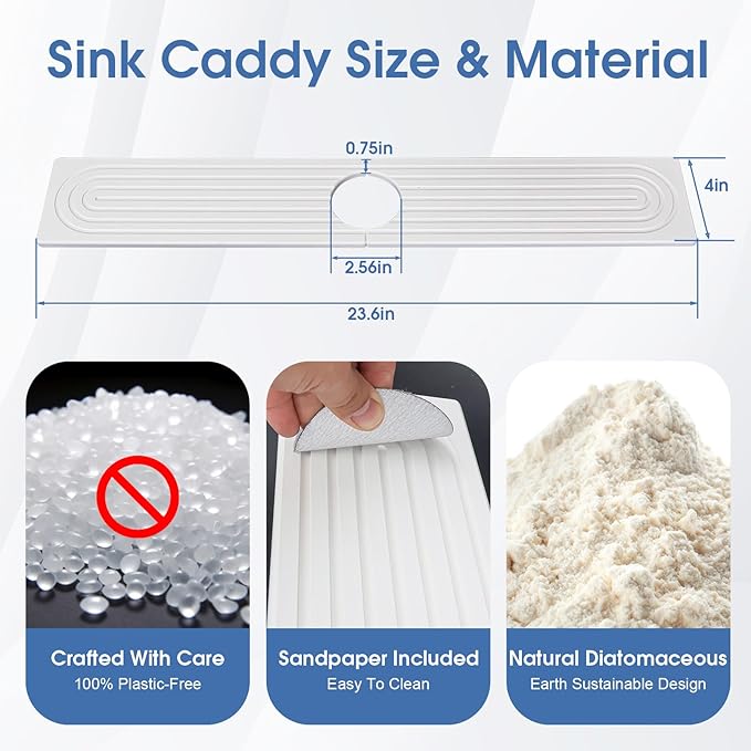 Faucet Mat for Kitchen Sink, Diatomite Drying Stone Mat Sink Protector, Faucet Splash Guard for Bathroom Counter for Bathroom, Laundry, Bar, White, 23.6" x 4"