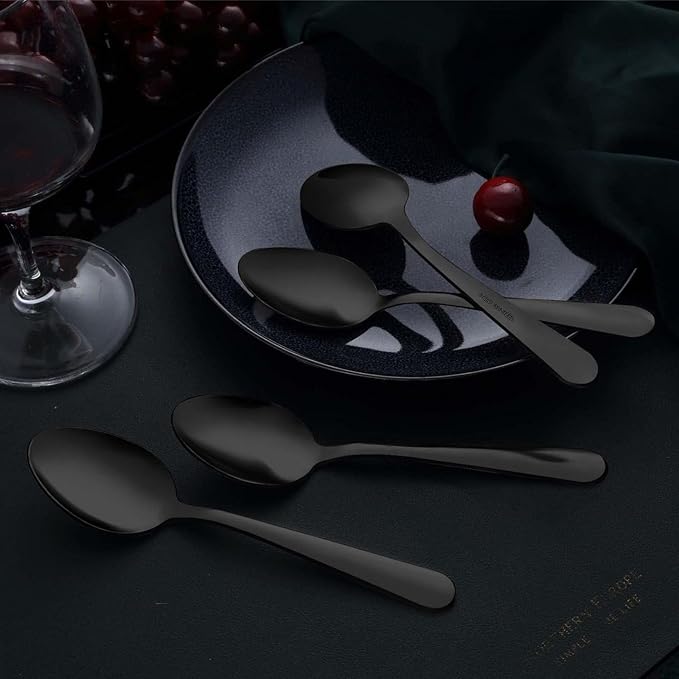 Unokit 24-Piece Tea Spoons Set Silverware - 7.4 inch Stainless Steel Spoon, Dessert, Table, Silverware Spoons Only for Home, Kitchen or Restaurant - Mirror Polished, Dishwasher Safe, Black