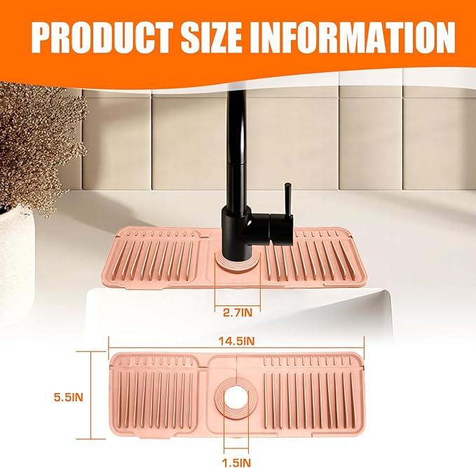 14.5" Pink Silicone Faucet Mat for Kitchen Sink – Button Style Faucet Drip Catcher, Sink Splash Guard with 6° Slope, Behind Faucet Draining Mat | Leak-Proof Countertop Protector for Kitchen Bathroom