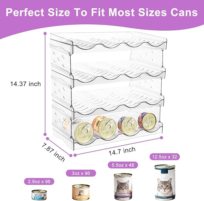 REFLYING Extra Large Cat Food Can Organizer – 4-Tier Holds 96 Cans (3oz–12.5oz), Transparent Acrylic Stackable Storage for 3+ Cats, Mold-Resistant Pantry & Kitchen Cabinet Organizer(4 Tier-4 Layer)