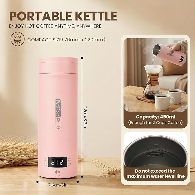 Pink Portable Electric Kettle forTravel, Small Hot Water Kettle with NTC Temperature Control and Auto Shut-Off, 316 Stainless Steel, Green 120V & 15oz