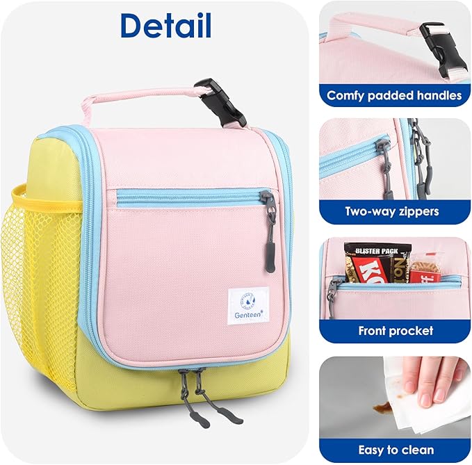 Genteen Kids Lunch Box, Insulated Lunch Bag for Kids, Toddler, Girl, and Boy; Holds Lunch Box, Water Bottle, & Snacks; Easy-Clean Water-Resistant Fabric & Multiple Zippered Pockets (Yellow Blue)