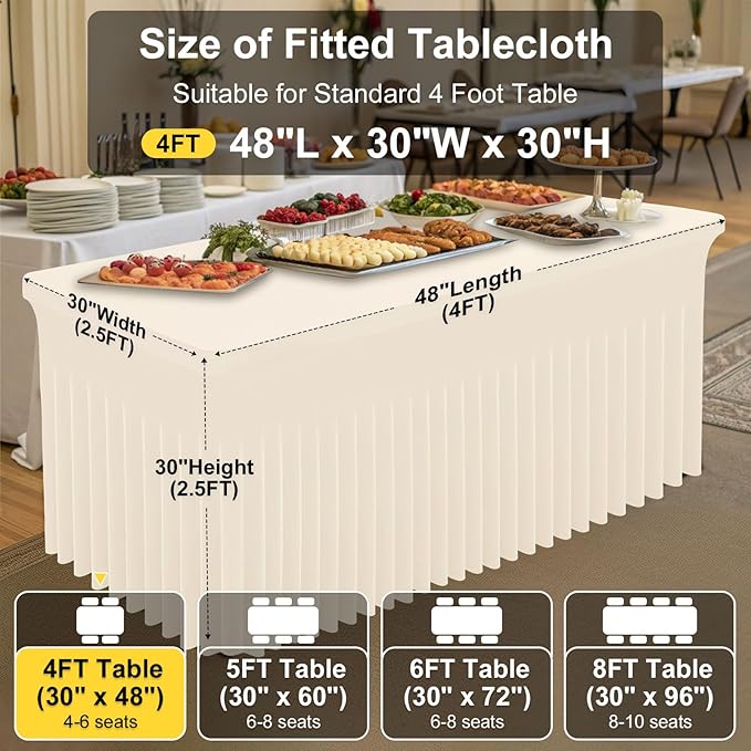 Smiry Spandex Tablecloth, Elastic Fitted Stretch Tablecloth for 4FT Rectangle Tables, Waterproof Washable Table Cover Skirt for Outdoor, Wedding, Banquet & Parties (Beige, 48Lx30Wx30H Inch)