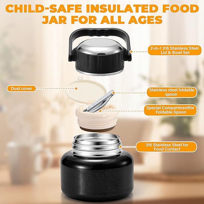 Soup Thermo for Hot Food, 16.9 oz Vacuum Insulated Food Jar with 316 Stainless Steel Interior, Spoon, Bowl Lid & Non-Slip Base for School Office