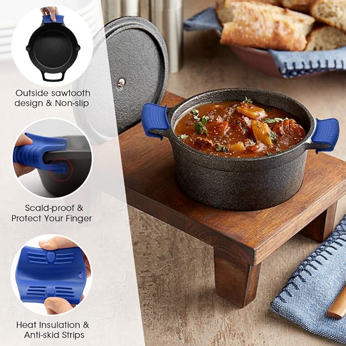 Silicone Assist Hot Pan Handle Holder Hot Skillet Handle Covers Pot Holder Sleeve Cast Iron Skillets Nonslip Heat Resistant for Enameled Griddles Casserole Frying Pans Cookware(4PACK/Blue)