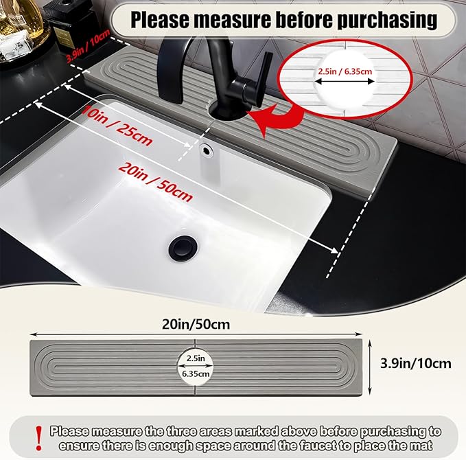 Faucet Mat For Kitchen Sink, 20" Diatomite Absorbent Faucet Mat, Sink Stone Quick Dry Around Faucet, Super Absorbent, Sink Splash Guard For Kitchen Counter (Light Gray)